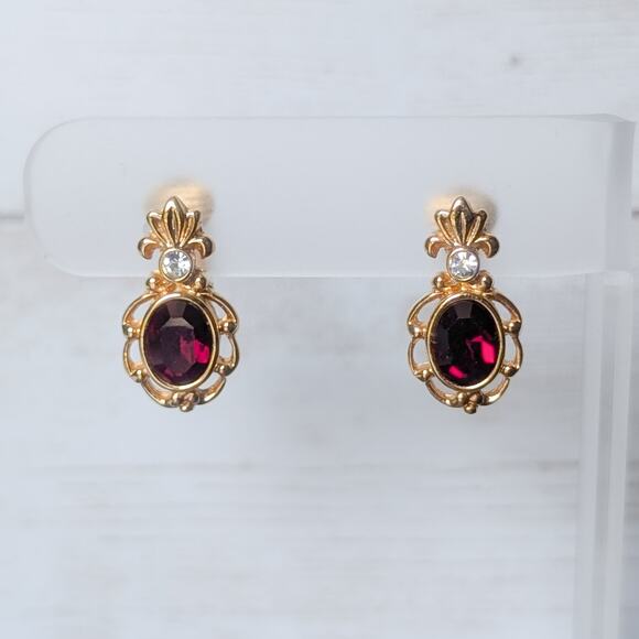 Vintage Clip On Earrings Regal Gold Tone with Clear & Red Gems - Picture 1 of 6